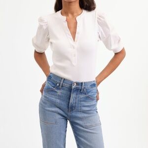 Elie Tahari White Puff Sleeve V Neck Button Down Pima Cotton Shirt Top Women’s S